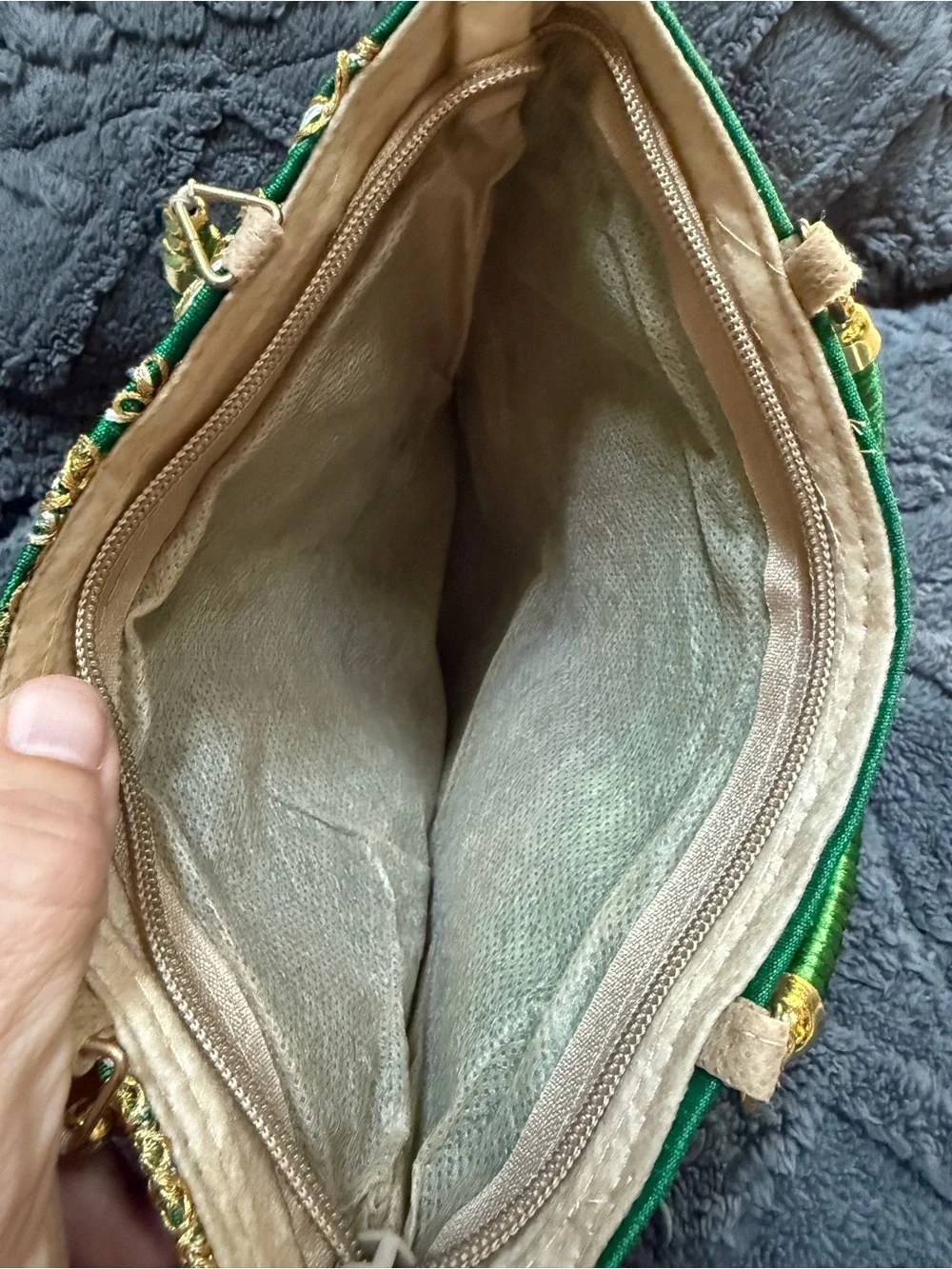 Green Embroidered Evening Bag with Gold Accents 7 x 9”
